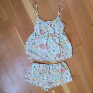 Vintage Y2K large floral pajama set babydoll cut top lace details bow boho maxim